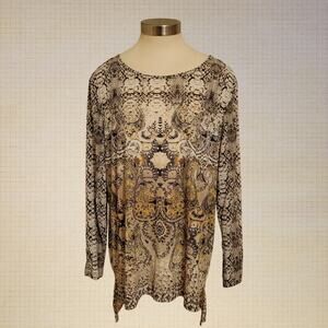 Oriental Print Tunic Blouse Boho Dana Buchman XL Flowy Stretchy Top